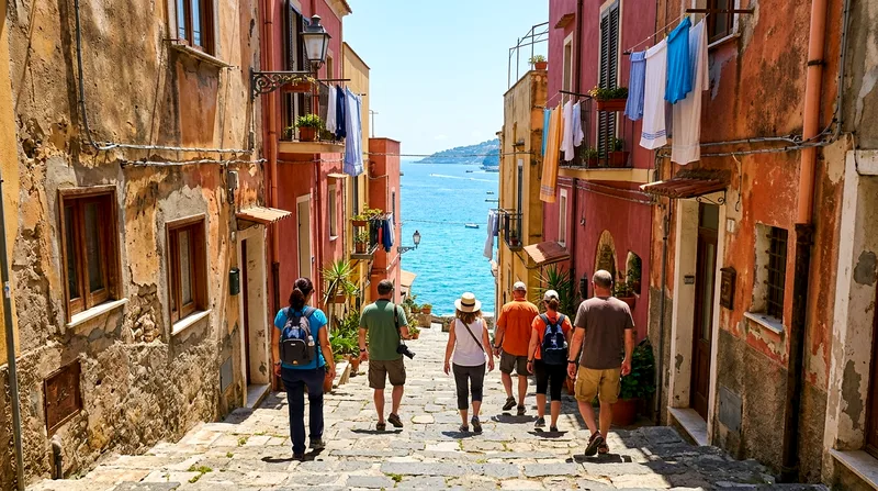 Small group following tour guide through narrow Positano lane with sea view between buildings.