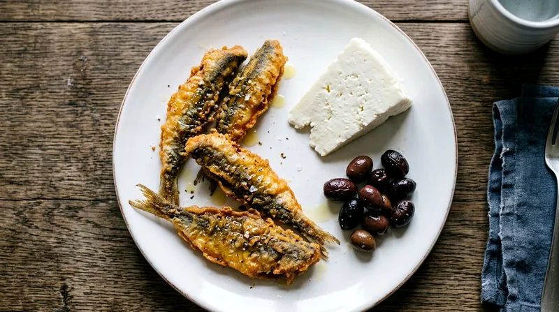 Plate with fried anchovies, local cheese wedge, and olives during food tour tasting.