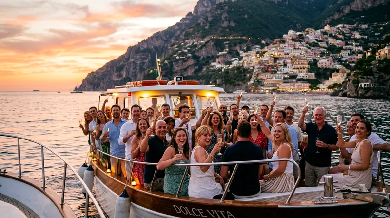 Large motorboat full of tourists raising prosecco glasses during golden hour near Positano