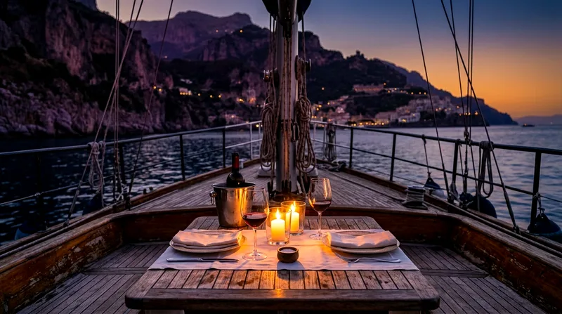Intimate candlelit table for two on a private sailboat deck at dusk with wine and cliffs behind