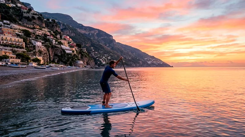 SUP paddler launching at sunrise from Praiano beach.