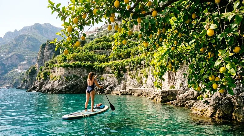 SUP paddler paddling beneath overhanging lemon grove vines.