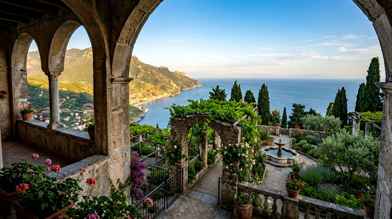 Villa Rufolo's terraced gardens with fountain overlooking Gulf of Salerno.