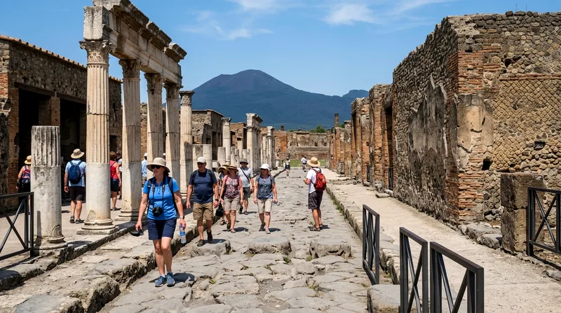 Tourists walking past standing Roman columns and ancient walls at Pompeii.