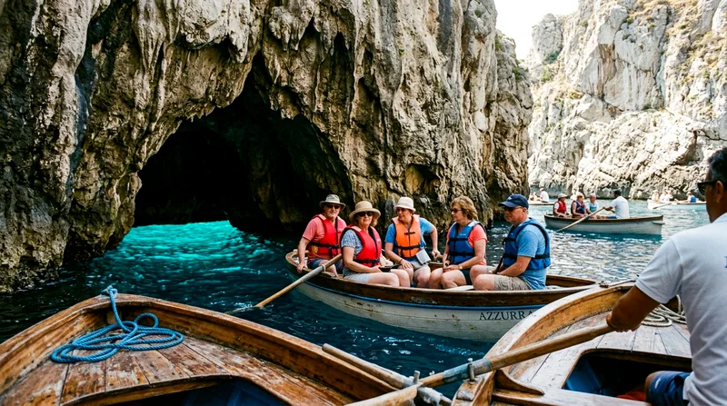 Tourists in a rowboat queue at the Blue Grotto entrance with the narrow cave opening visible in limestone cliffs