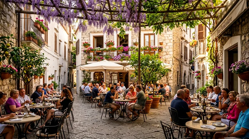 Capri town center piazza with tourists dining at cafe tables under lemon trees and wisteria vines