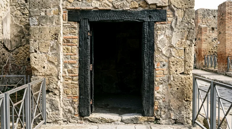 Carbonized wooden door frame and hinges preserved in place on a Herculaneum building entrance