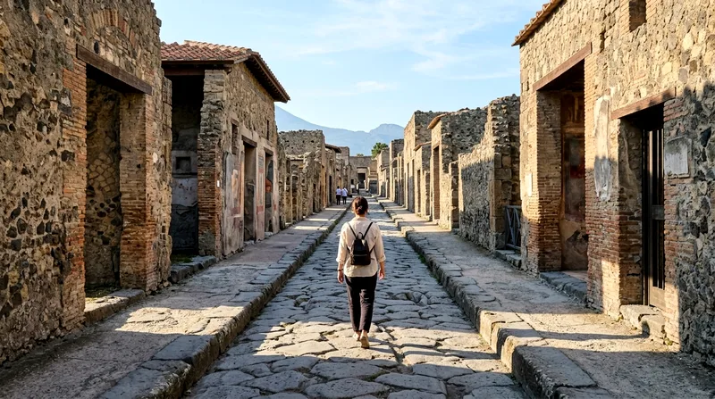 Solo visitor walking down a quiet ancient Roman street at Herculaneum with few other people visible