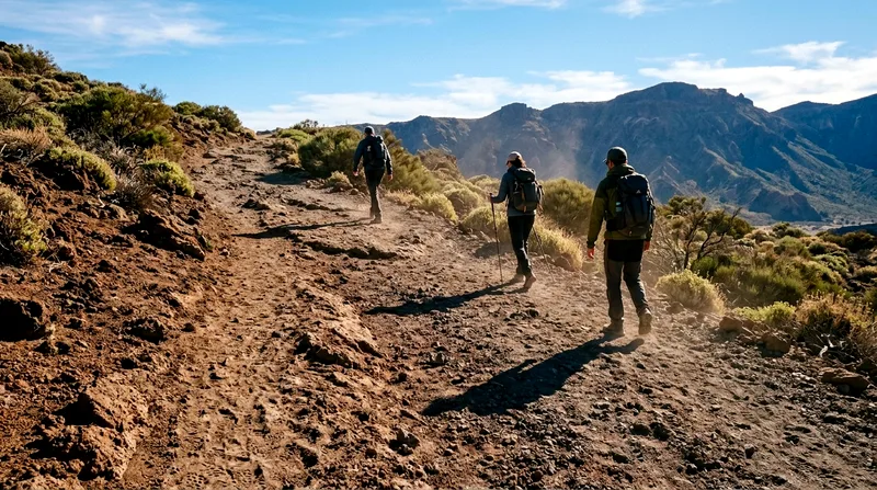 Three hikers climbing a wide volcanic gravel path on Mount Vesuvius's slope in bright afternoon sun