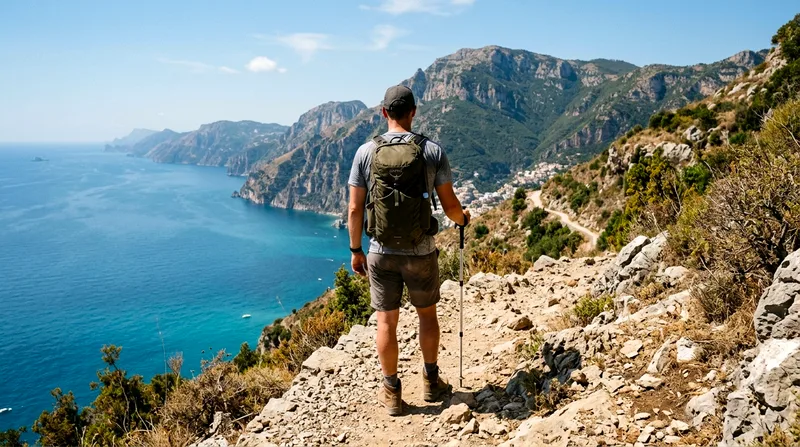 A solo hiker pausing on a steep mountain trail with Mediterranean sea views in the distance behind