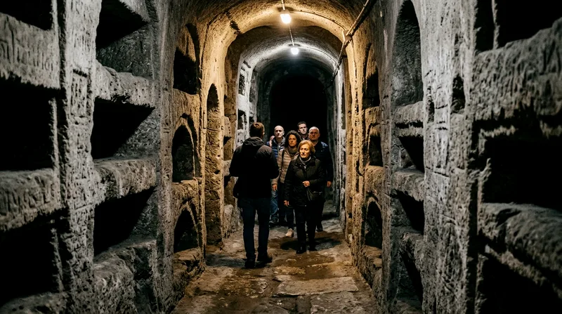 Tour group walking through a narrow ancient stone-lined passage in Naples' underground catacombs