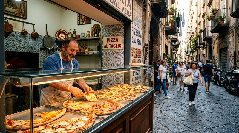 Pizzeria vendor arranging fresh pizza slices under a heat lamp at a Naples street-side counter