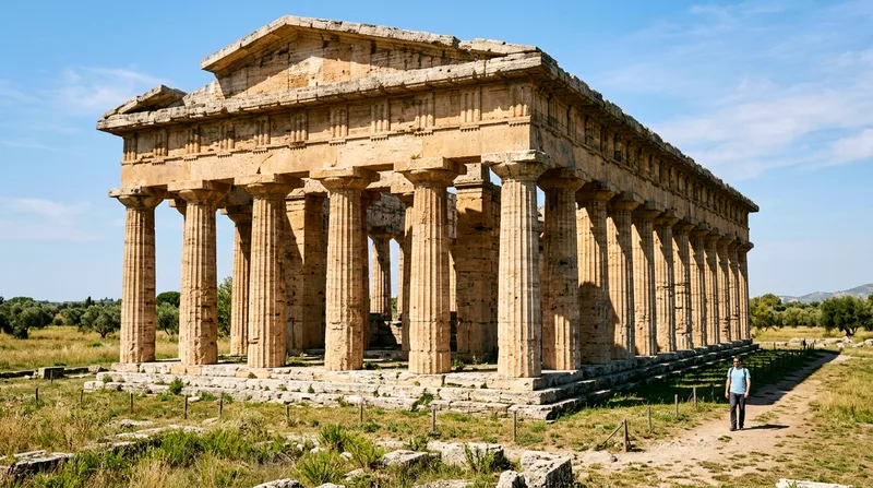 Ancient Doric temple at Paestum with one visitor walking past for scale in bright morning light