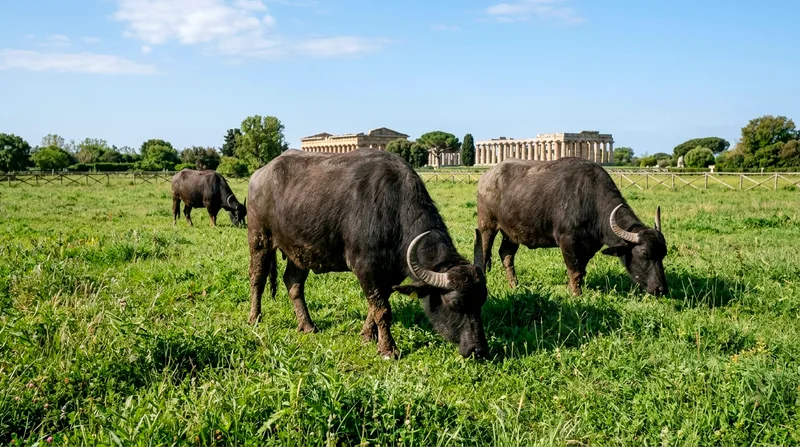 Three water buffalo grazing in a green field with a Greek temple ruins visible in the distant background