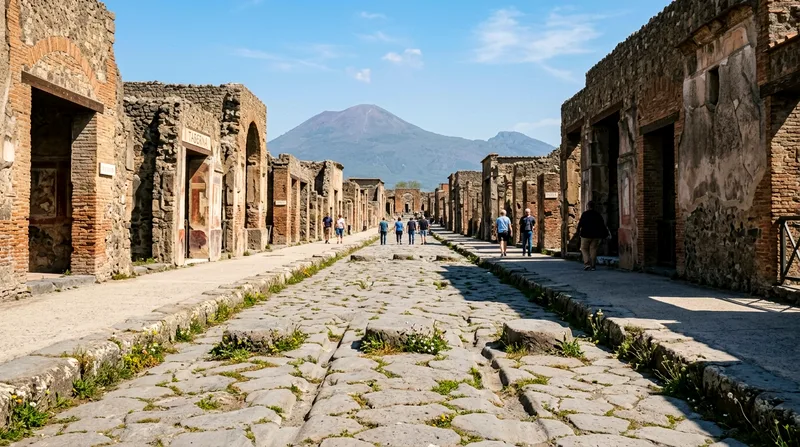 Pompeii's ancient paved street with partially ruined stone buildings and Mount Vesuvius on the horizon