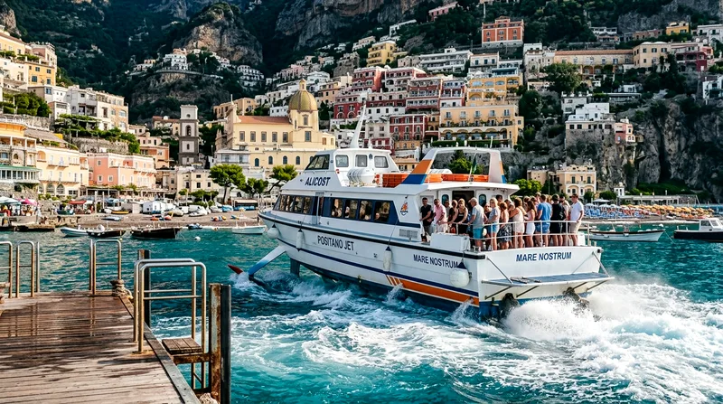 Hydrofoil ferry with passengers departing Positano with cliffs receding behind.