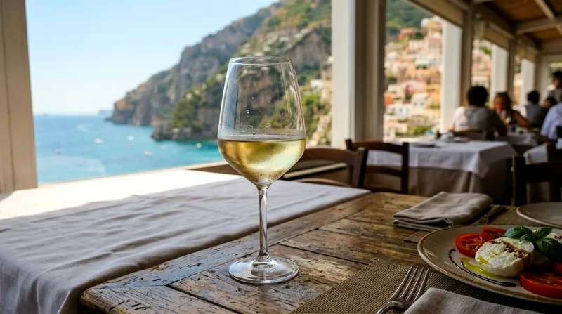 Wine glass and fresh mozzarella on a Positano clifftop restaurant table overlooking the sea
