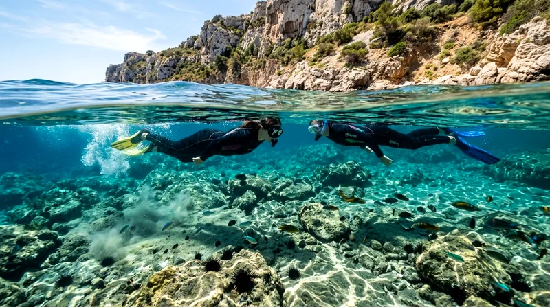 Two snorkelers floating in clear turquoise water above a rocky seabed with visible fish