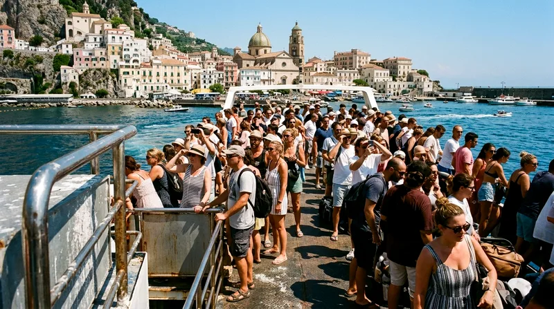 Crowded ferry deck at Amalfi harbor with tourists and the Cathedral dome visible behind