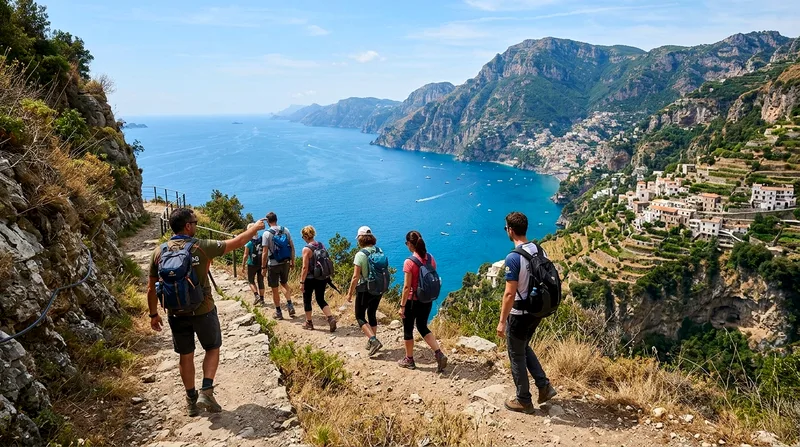 Hikers on a coastal trail during a guided Amalfi Coast hiking tour