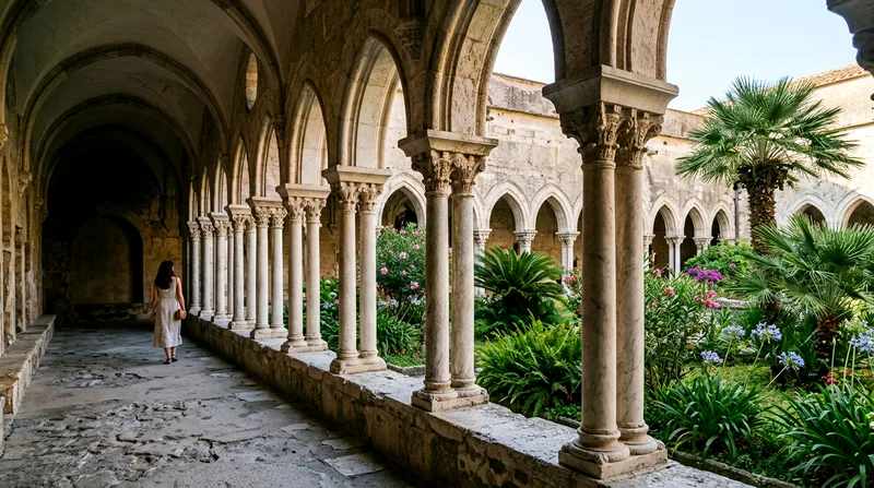 Amalfi Cathedral cloister with arcaded columns and central courtyard garden.