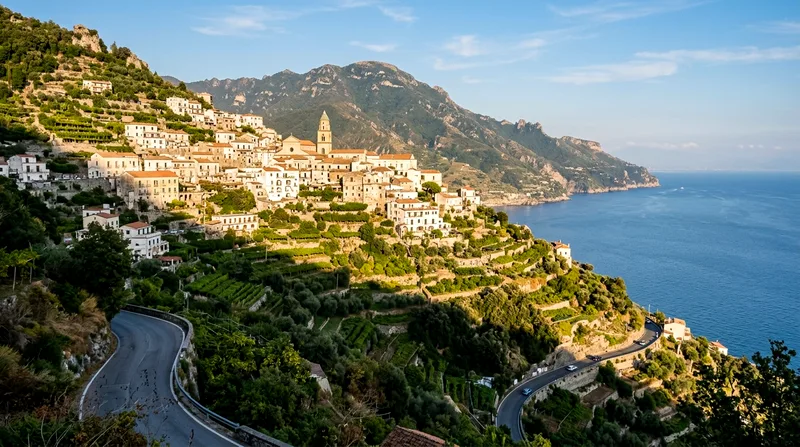 Ravello village perched on mountainside with Gulf of Salerno behind.