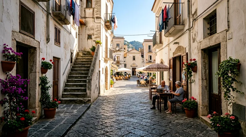 Narrow cobblestone street in Atrani opening to small piazza with cafés.