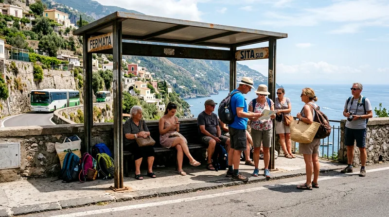 Group of passengers waiting at bus stop shelter in summer heat.