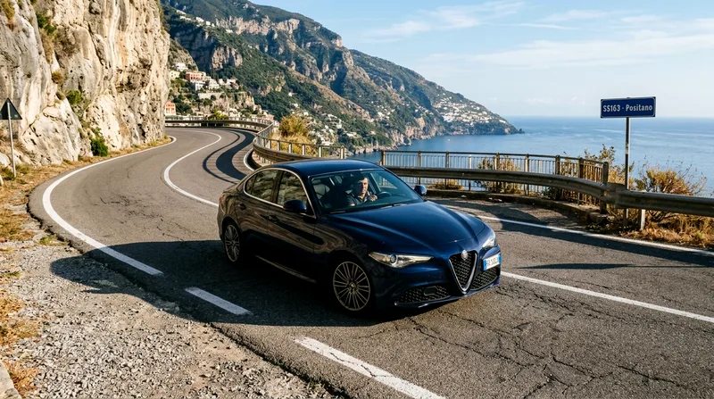 Private sedan with driver navigating tight hairpin turn on mountain road.
