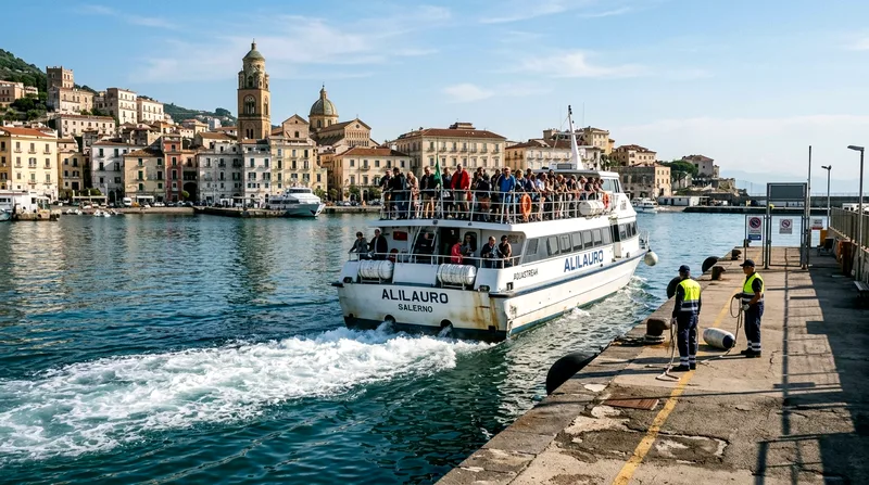 Hydrofoil ferry approaching Salerno dock with passengers on railing.