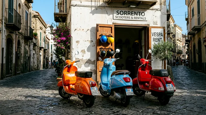 Three Vespas parked outside a rental shop in Sorrento with helmets visible in the doorway