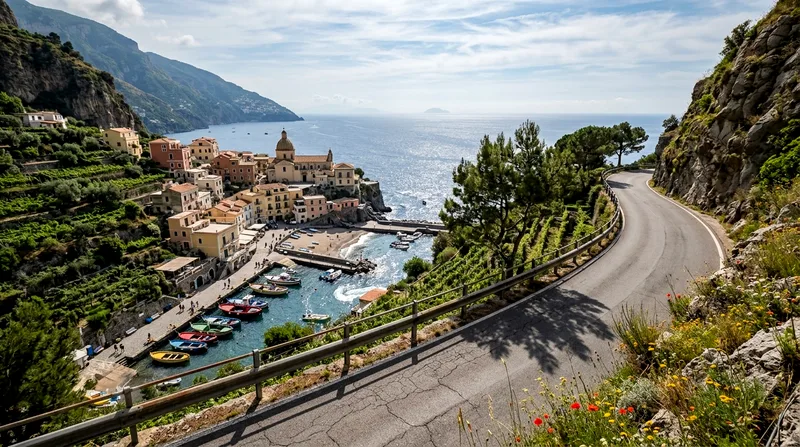 Praiano's harbor and fishing boats viewed from the SS163 mountain road above