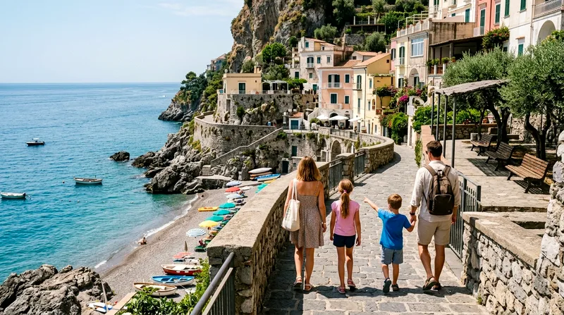 Family with young children walking flat coastal path between Amalfi and Atrani.