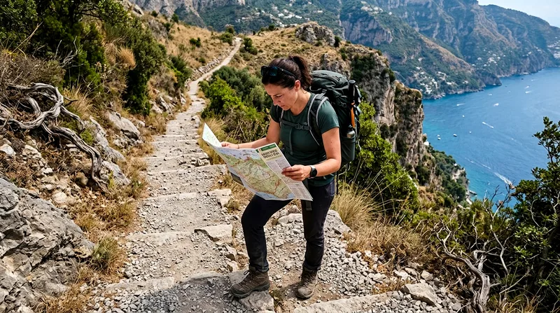 Hiker consulting map on steep mountain trail with sea visible below.