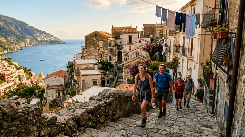 Tired hikers arriving at Nocelle village at end of Path of the Gods trek.