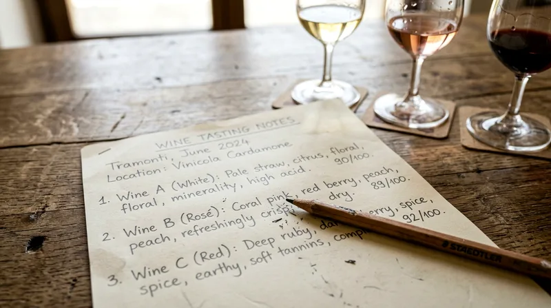 Tasting notes sheet and pencil on table with wine glasses in background.