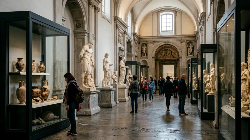 Museum gallery with tourists viewing ancient Roman artifacts in display cases.