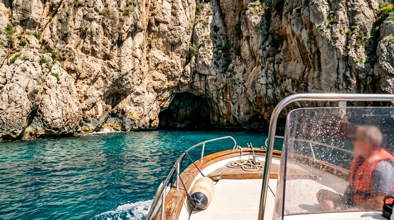 Small motorboat approaching a narrow sea cave entrance carved into steep limestone cliffs rising above turquoise water.