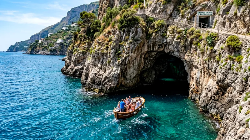 Boat approaching Emerald Grotto entrance on the Amalfi Coast near Praiano