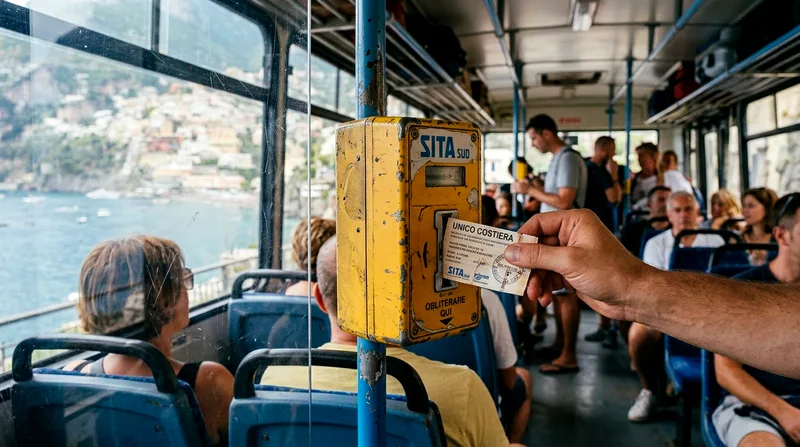 A passenger's hand inserting a ticket into a punch machine on a SITA bus interior.