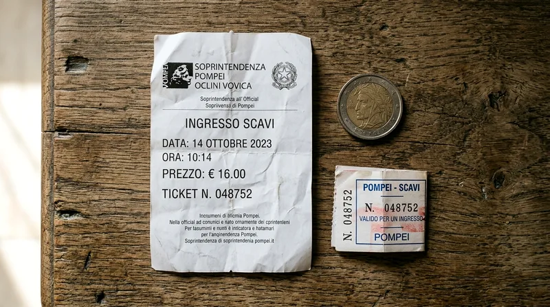 Pompeii entrance ticket receipt and coin on a wooden surface
