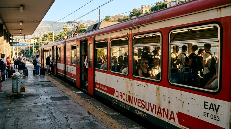 Circumvesuviana train at Sorrento platform crowded with passengers looking out windows.
