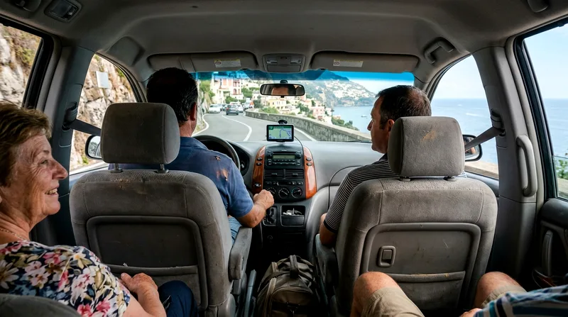 Four passengers inside minivan interior with GPS navigation, Amalfi Coast road visible through windscreen.