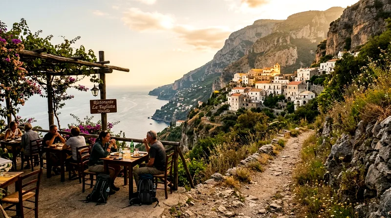 Nocelle village restaurant terrace overlooks the coast at trail's end.
