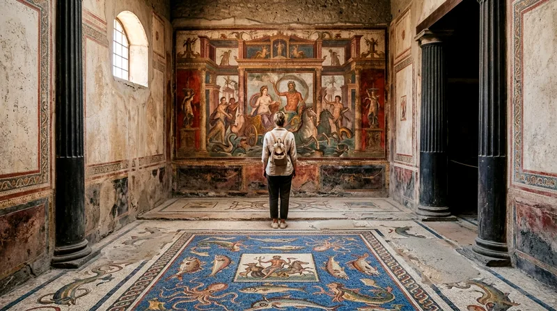 Interior room at Herculaneum showing colorful sea-life floor mosaic and Neptune fresco wall with one viewer