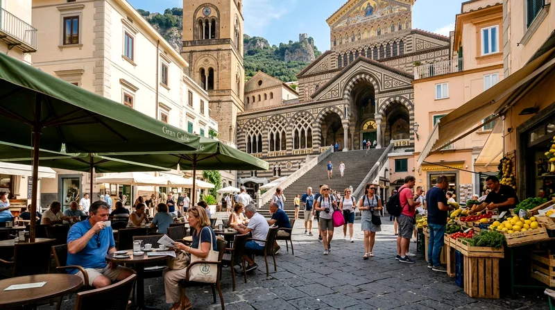 Amalfi's Piazza Duomo with cafe tables, vendor stall, and mix of locals and tourists in morning light.