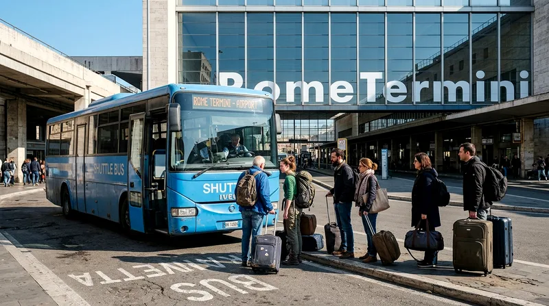 Passengers with luggage boarding a blue shuttle coach at Rome Termini station loading bay.