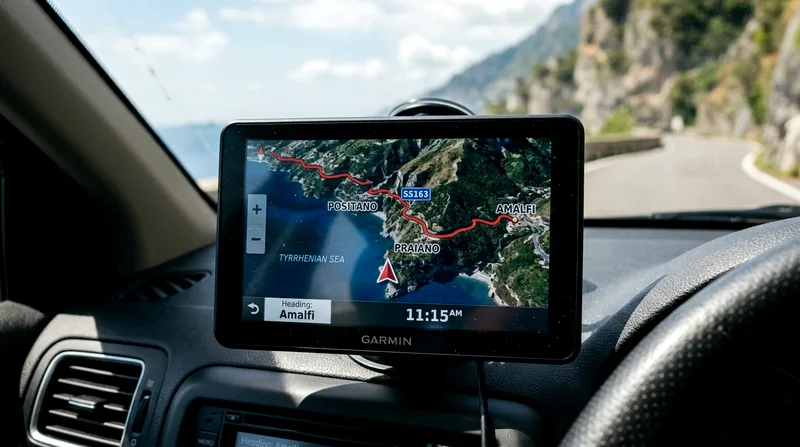 GPS navigation display in rental car dashboard showing SS163 coastal road route highlighted in red.