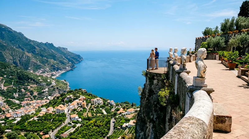 Villa Cimbrone's Terrace of Infinity curves over cliffs with sea view.