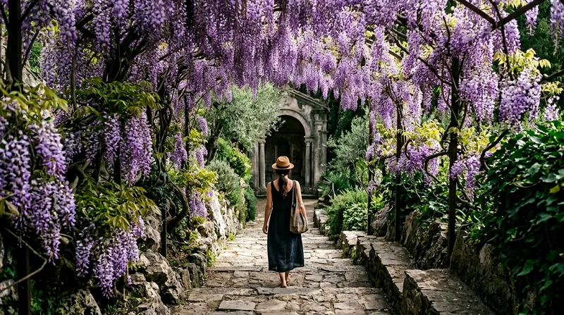 Garden path with hanging wisteria blooms leads to crypt entrance.
